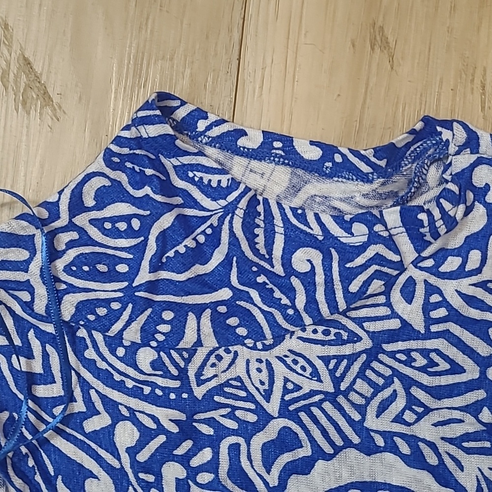 RACHEL ZOE Boho Printed Pattern 2 pc Large Wide Leg Pant Set Blue 100% Linen L - Picture 4 of 11